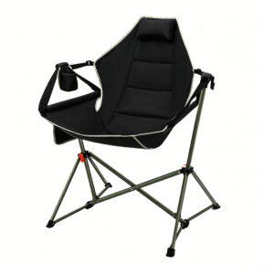 Black Foldable Rocking Moon Camping Chair, padded swing outdoor fishing patio folding chair with side cup holder