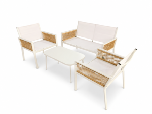 4 Pcs White Aluminum Rattan Outdoor Patio Conversation Set, 2 Armchairs + 1 Double Sofa + Coffee Table with Olefin Fabric Cushion for Garden Backyard