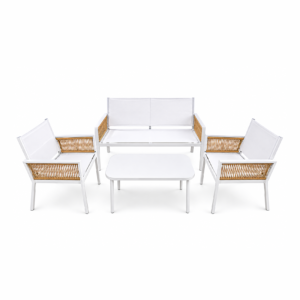 4Pcs Outdoor Teslin Garden Sofa Set, White Aluminum Rattan Patio Conversation Furniture with Coffee Table for Backyard Garden