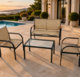 DOON outdoor patio furniture set: weather-resistant 4-piece sofa and coffee table by the pool, perfect for luxury garden and terrace spaces.