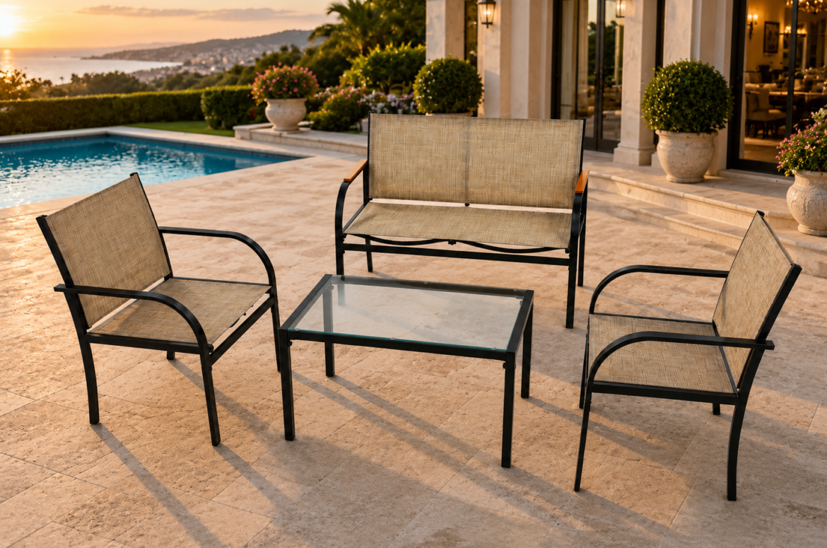 DOON outdoor patio furniture set: weather-resistant 4-piece sofa and coffee table by the pool, perfect for luxury garden and terrace spaces.