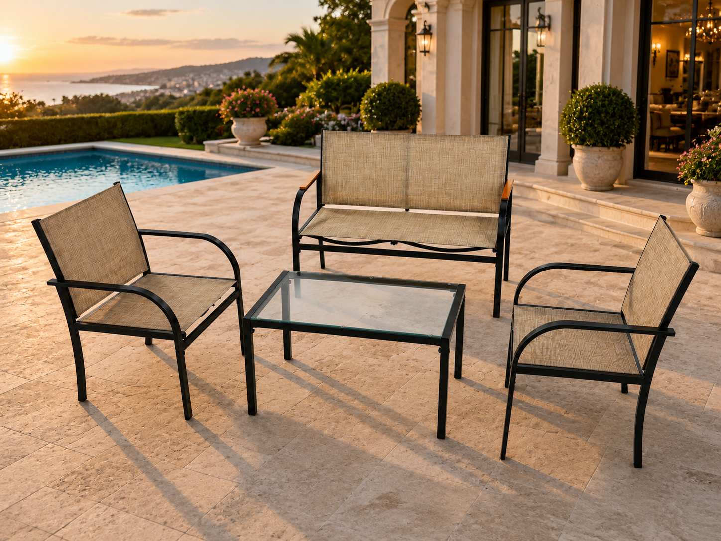 DOON outdoor patio furniture set: weather-resistant 4-piece sofa and coffee table by the pool, perfect for luxury garden and terrace spaces.