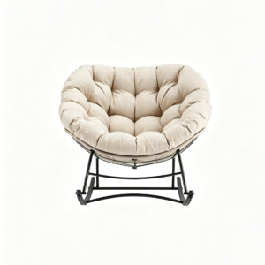 Beige padded round papasan rocking chair with black metal frame for indoor patio leisure, DOON model DH-50069