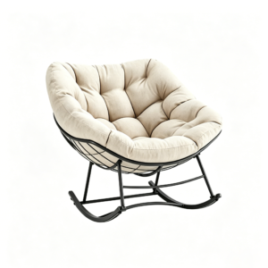Beige tuft padded round papasan rocking chair with black wire metal frame for indoor balcony patio leisure, DOON DH-50069