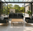 Modern outdoor furniture set by DOON: weather-resistant black sofa, armchairs, and wooden coffee table for patio and garden spaces.