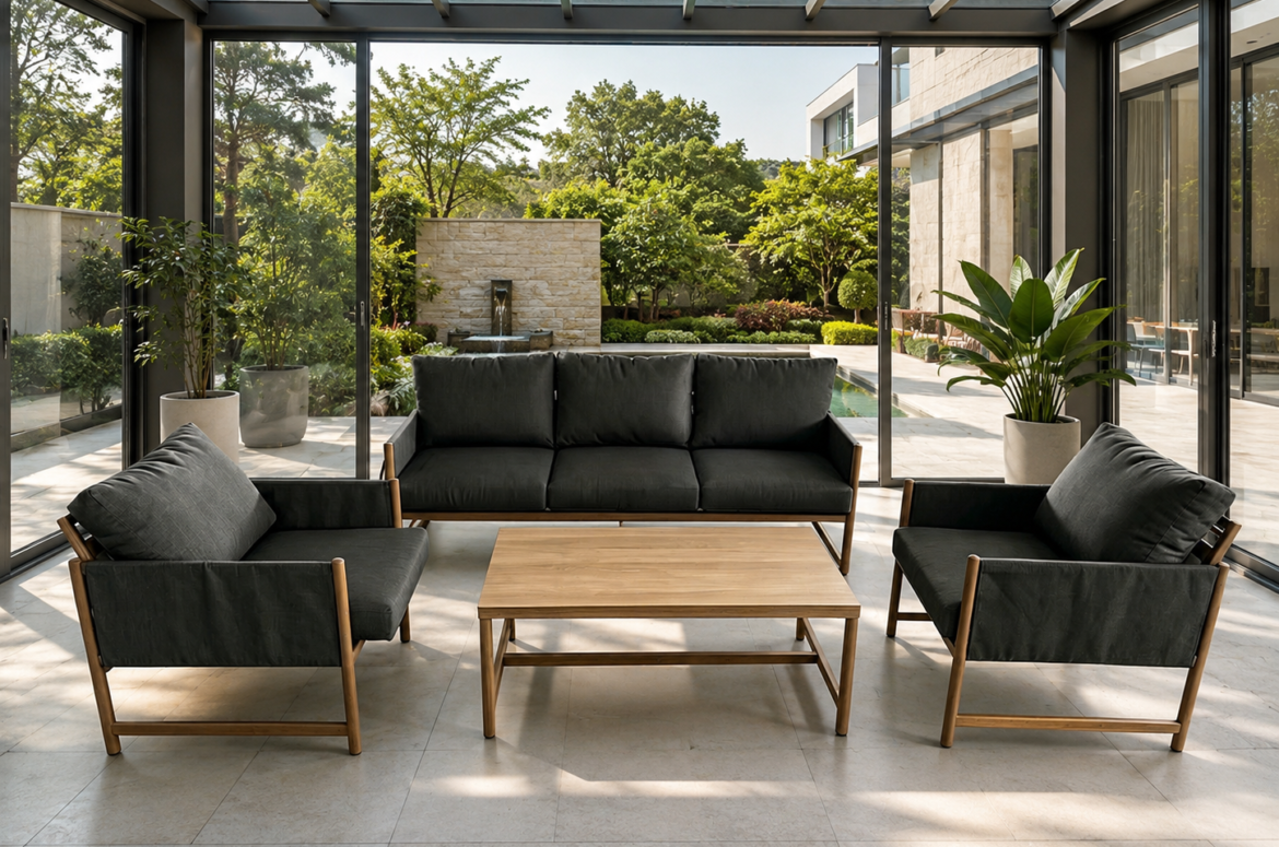 Modern outdoor furniture set by DOON: weather-resistant black sofa, armchairs, and wooden coffee table for patio and garden spaces.