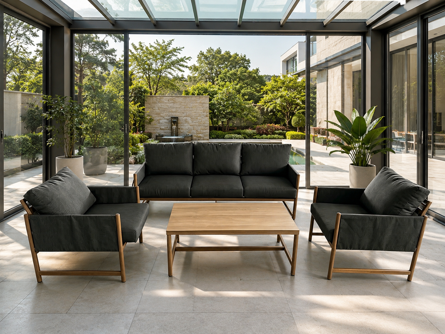 Modern outdoor furniture set by DOON: weather-resistant black sofa, armchairs, and wooden coffee table for patio and garden spaces.