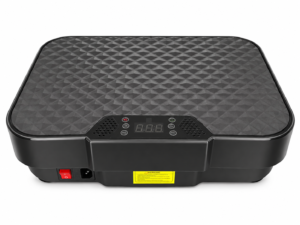 Black Doon vibration plate exercise machine with LCD control panel, power switch, and textured non-slip surface
