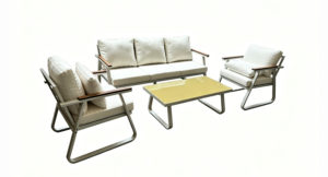 DOON 4-piece carbon steel patio furniture set with sofa, chairs, and tempered glass coffee table