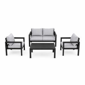 4Pcs Black Aluminum Outdoor Patio Conversation Set with Grey Cushion, 2 Armchairs + Loveseat + Slatted Coffee Table for Backyard Garden