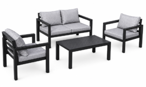 4Pcs Black Aluminum Outdoor Patio Furniture Conversation Set with Grey Cushion, 2 Armchairs, 1 Loveseat & Slatted Coffee Table for Backyard Garden