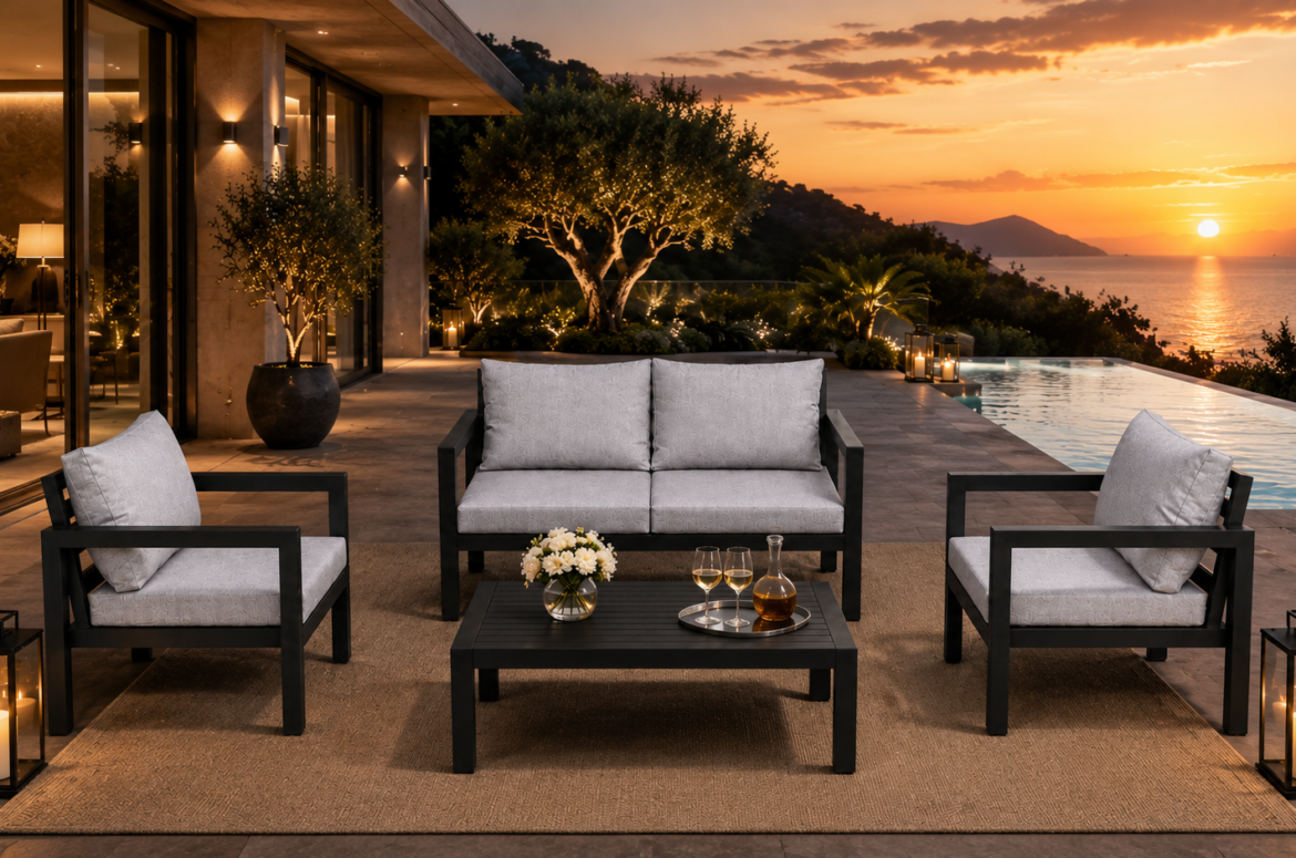 Black aluminum outdoor patio furniture set with gray cushions on luxury terrace at sunset, featuring loveseat, armchairs, and coffee table by infinity pool