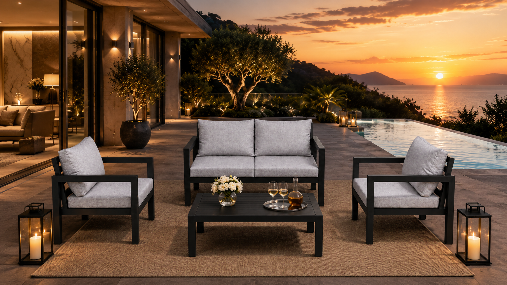 Black aluminum outdoor patio furniture set with gray cushions on luxury terrace at sunset, featuring loveseat, armchairs, and coffee table by infinity pool
