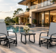 DOON 2-Person Outdoor Glider Chair Set with Side Table lifestyle photo, grey sling gliding patio furniture on poolside terrace of modern villa