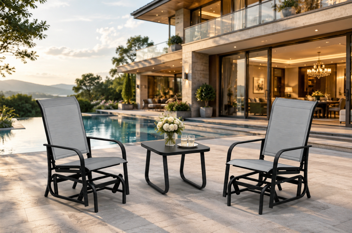 DOON 2-Person Outdoor Glider Chair Set with Side Table lifestyle photo, grey sling gliding patio furniture on poolside terrace of modern villa