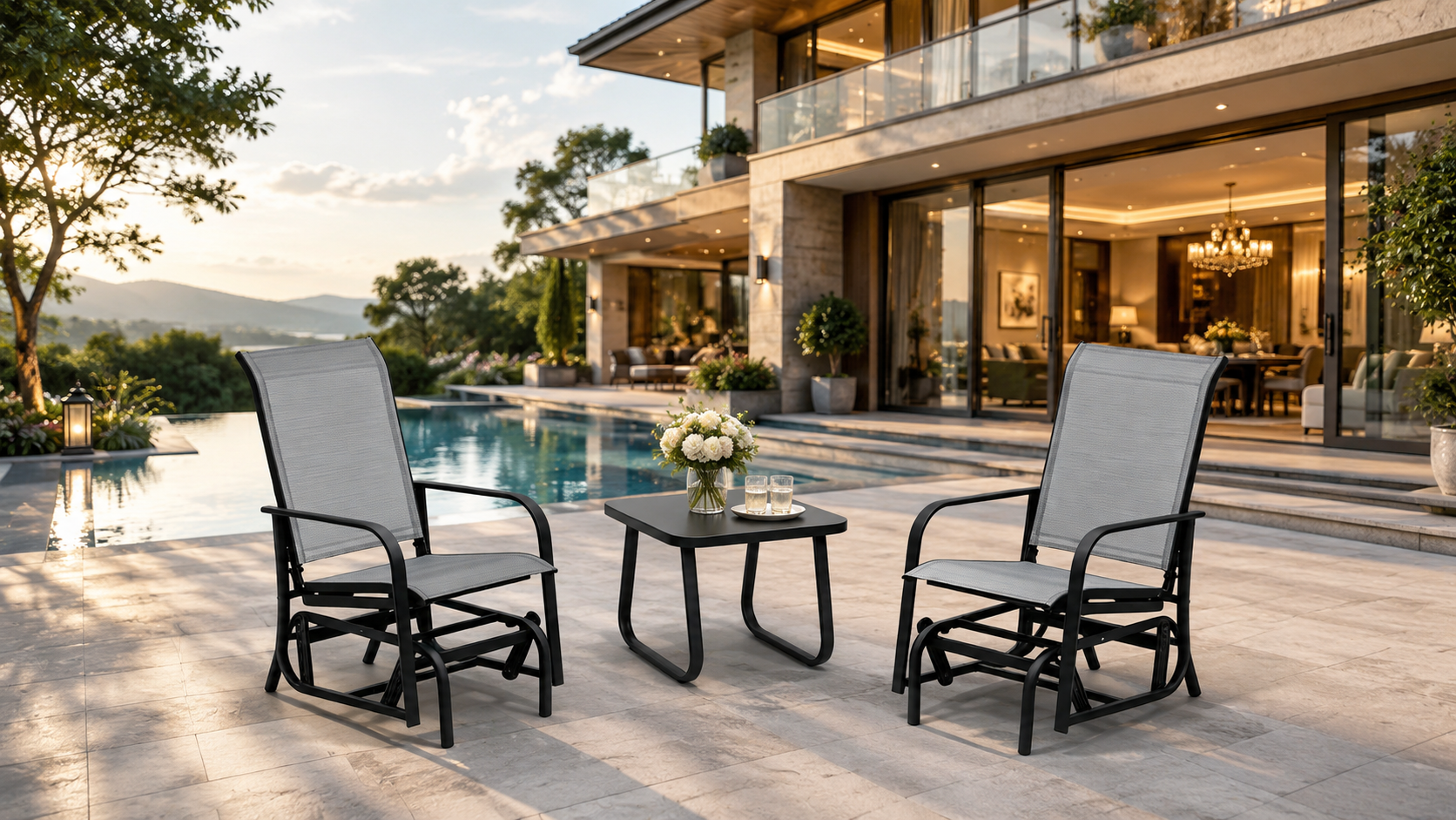DOON 2-Person Outdoor Glider Chair Set with Side Table lifestyle photo, grey sling gliding patio furniture on poolside terrace of modern villa