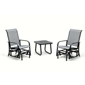 DOON 2-Person Outdoor Sling Glider Chair Set Black Metal Patio Gliding Rockers with Side Table