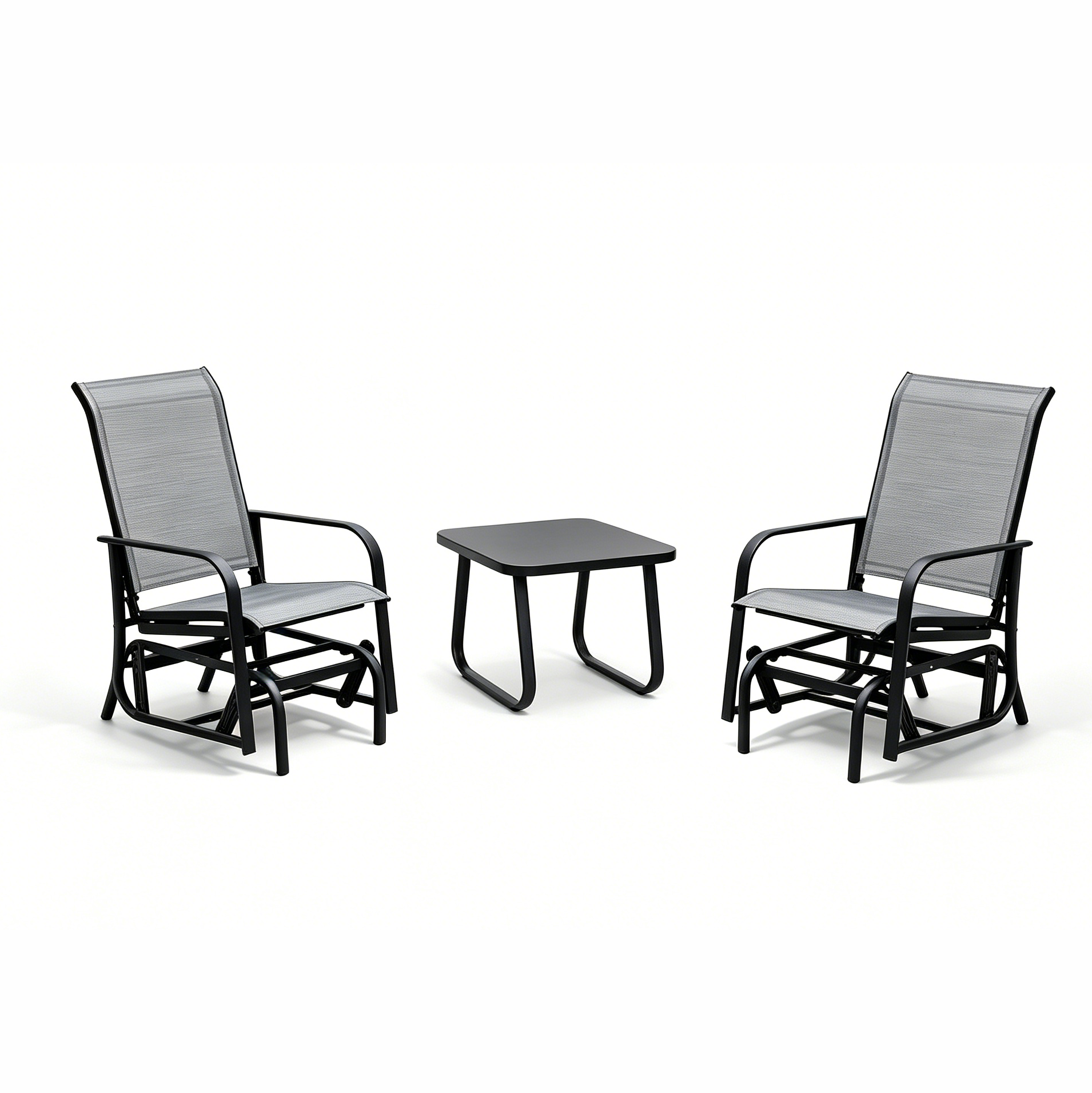 DOON 2-Person Outdoor Sling Glider Chair Set Black Metal Patio Gliding Rockers with Side Table