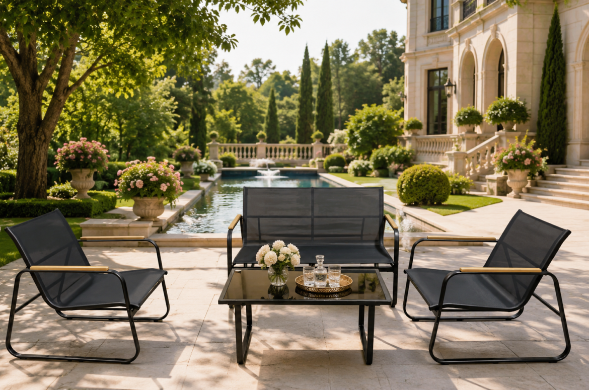 DOON black metal outdoor furniture set with wooden armrests, 4-piece patio conversation set for luxury garden and terrace