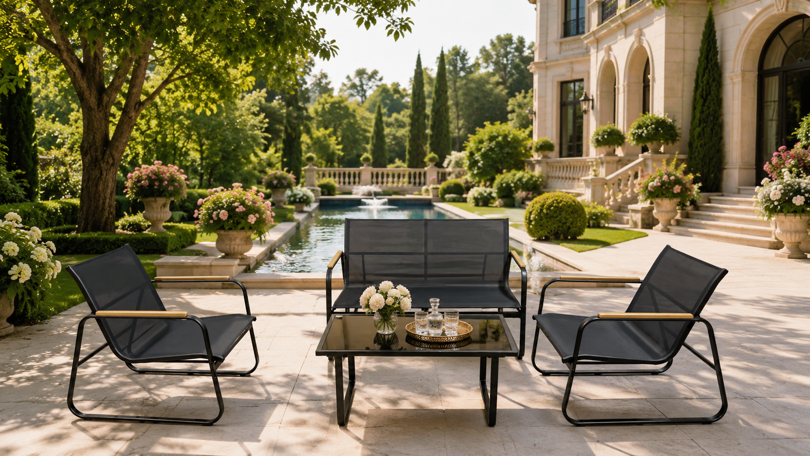 DOON black metal outdoor furniture set with wooden armrests, 4-piece patio conversation set for luxury garden and terrace