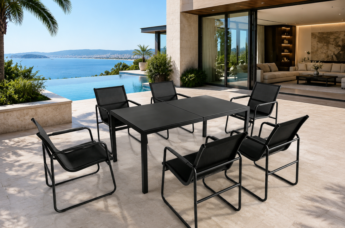 Doon black carbon steel 6-seater outdoor dining set, minimalist metal patio furniture on luxury seaside villa pool terrace with ocean view