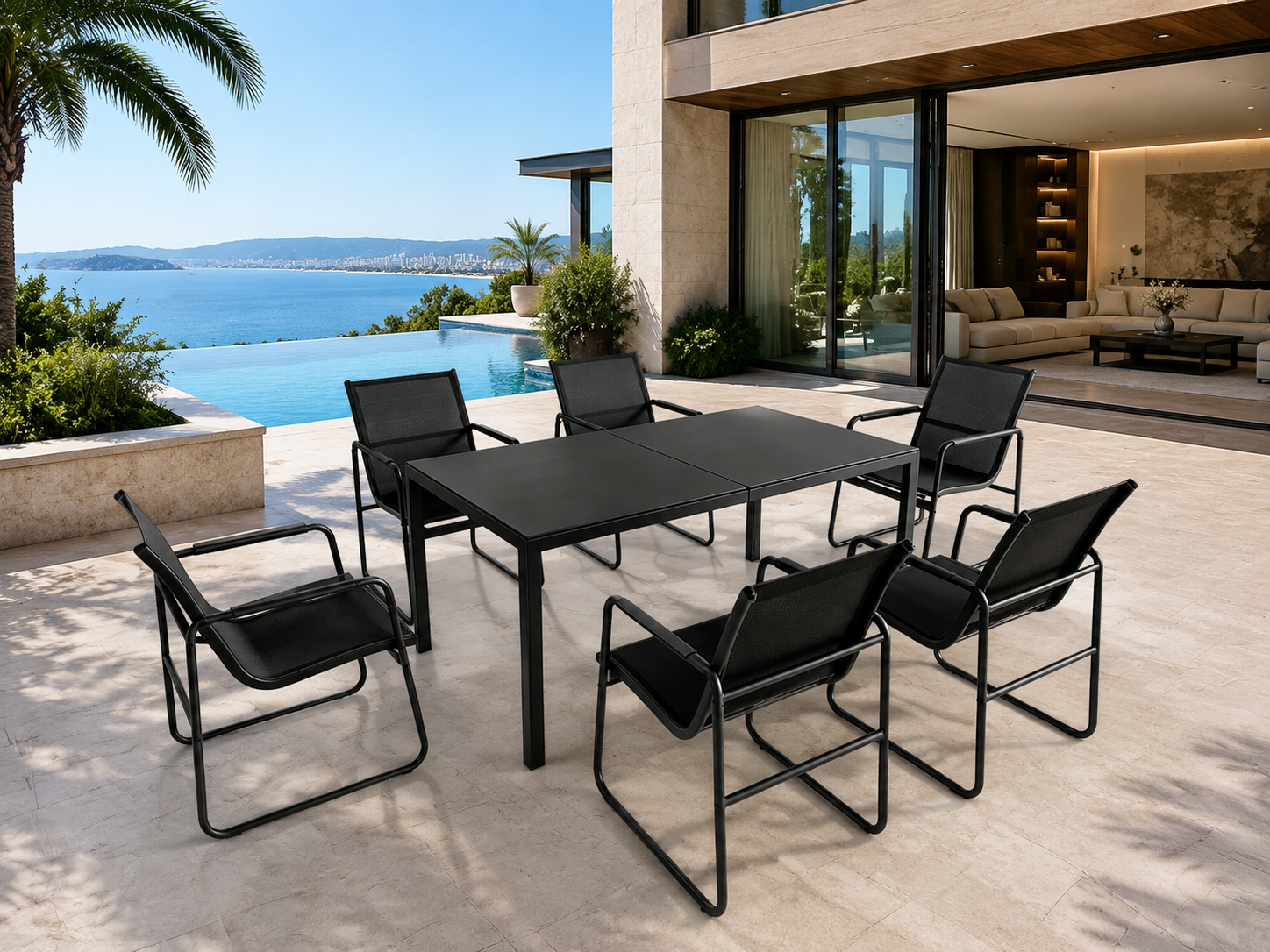 Doon black carbon steel 6-seater outdoor dining set, minimalist metal patio furniture on luxury seaside villa pool terrace with ocean view