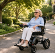 DOON foldable electric wheelchair for seniors, elderly woman using lightweight power mobility device for outdoor stroll in garden