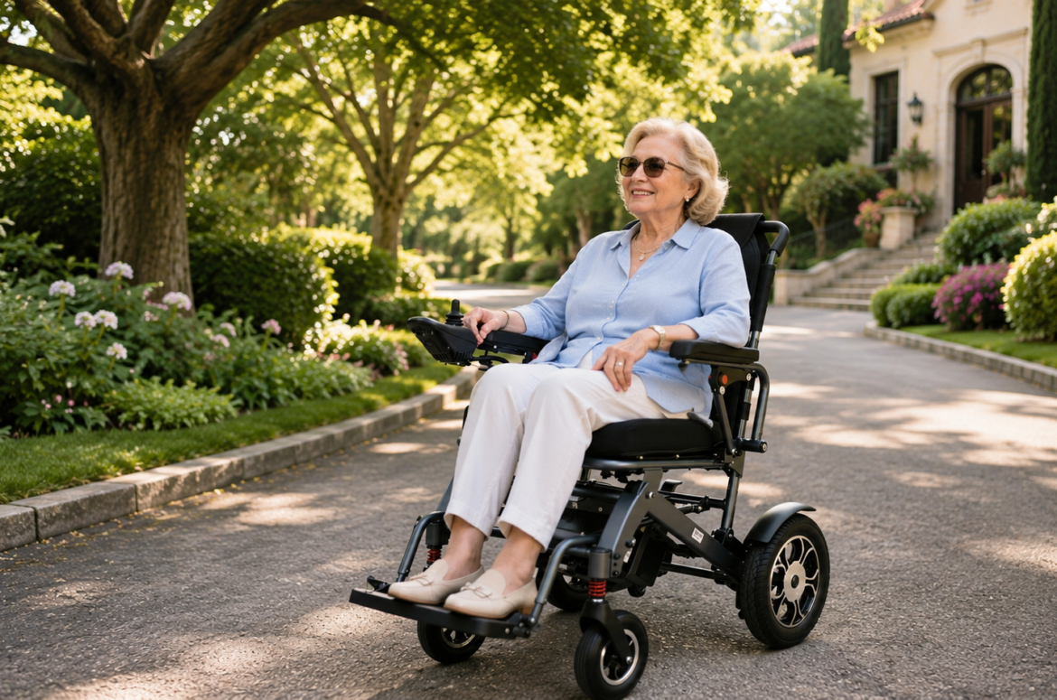 DOON foldable electric wheelchair for seniors, elderly woman using lightweight power mobility device for outdoor stroll in garden