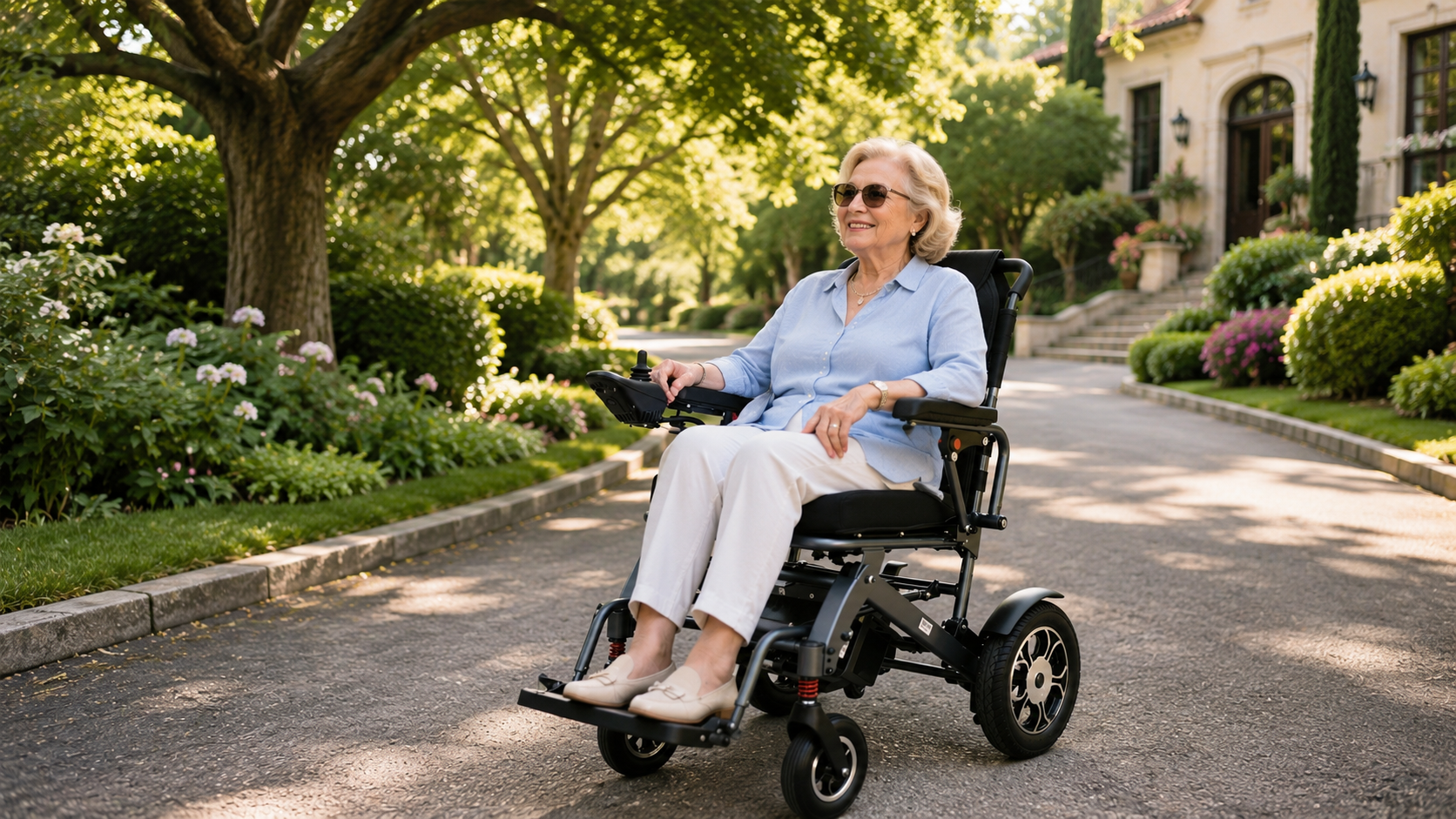 DOON foldable electric wheelchair for seniors, elderly woman using lightweight power mobility device for outdoor stroll in garden