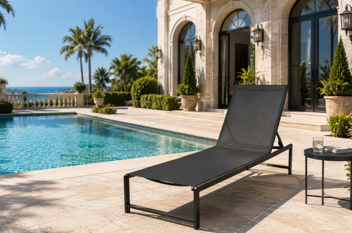 carbon steel textilene pool lounge chair, powder coated anti-rust carbon steel frame quick dry textilene mesh outdoor sun chaise for luxury villa swimming pool terrace seaside resort patio