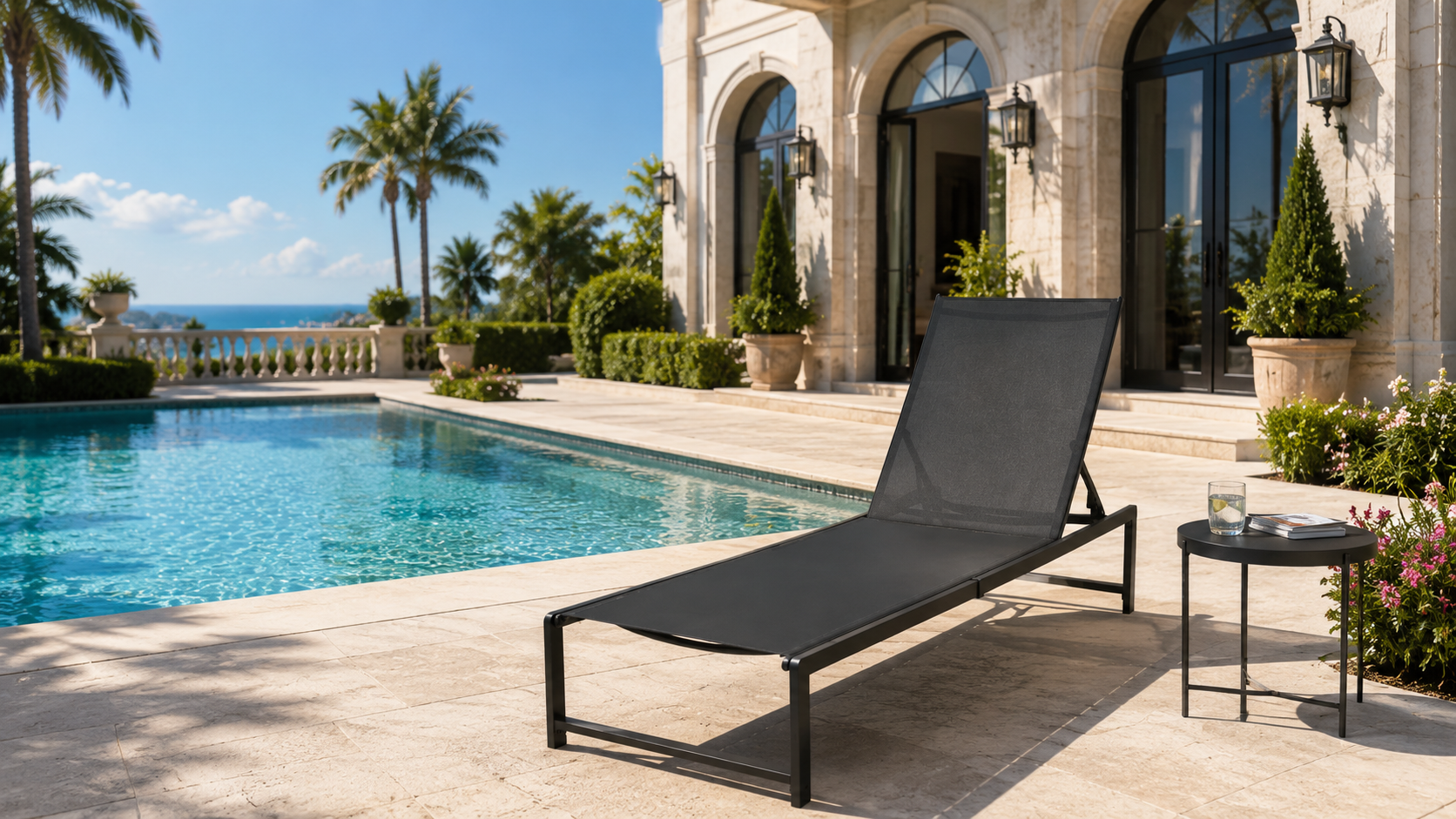carbon steel textilene pool lounge chair, powder coated anti-rust carbon steel frame quick dry textilene mesh outdoor sun chaise for luxury villa swimming pool terrace seaside resort patio