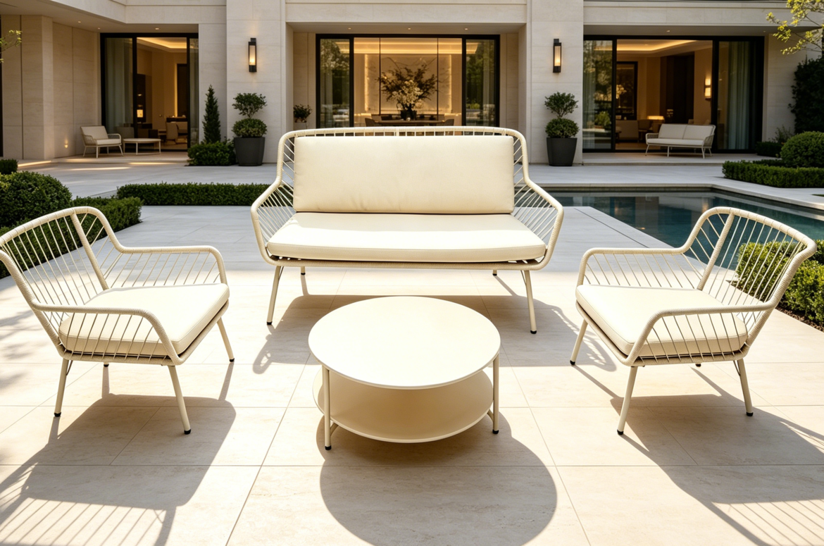 Doon luxury aluminum metal rope patio conversation set, minimalist cream outdoor lounge furniture for modern villa poolside courtyard