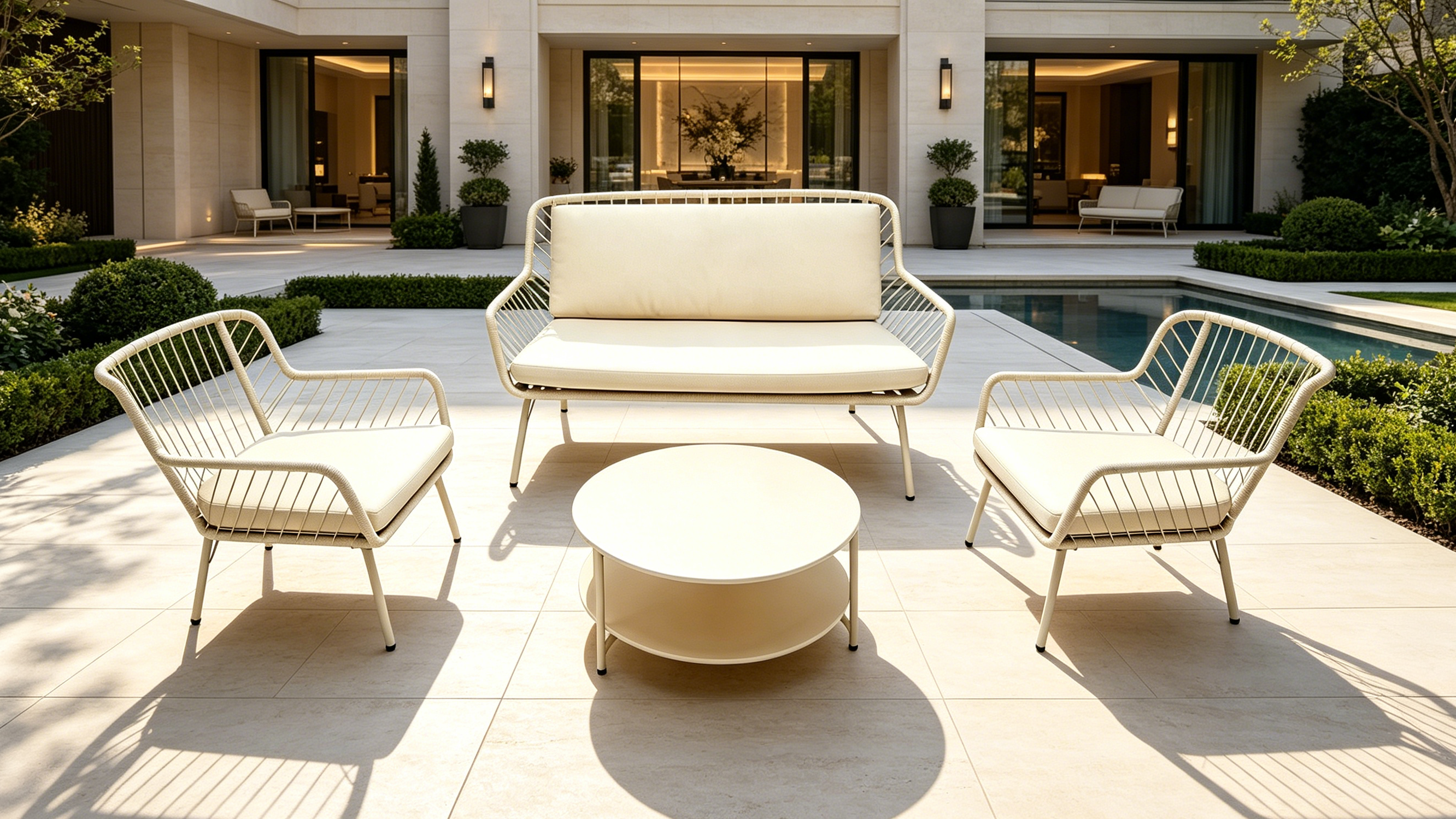 Doon luxury aluminum metal rope patio conversation set, minimalist cream outdoor lounge furniture for modern villa poolside courtyard