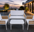 DOON modern white aluminum rattan patio furniture 4pcs conversation set on city rooftop terrace at sunset, outdoor balcony lounge sofa with coffee table