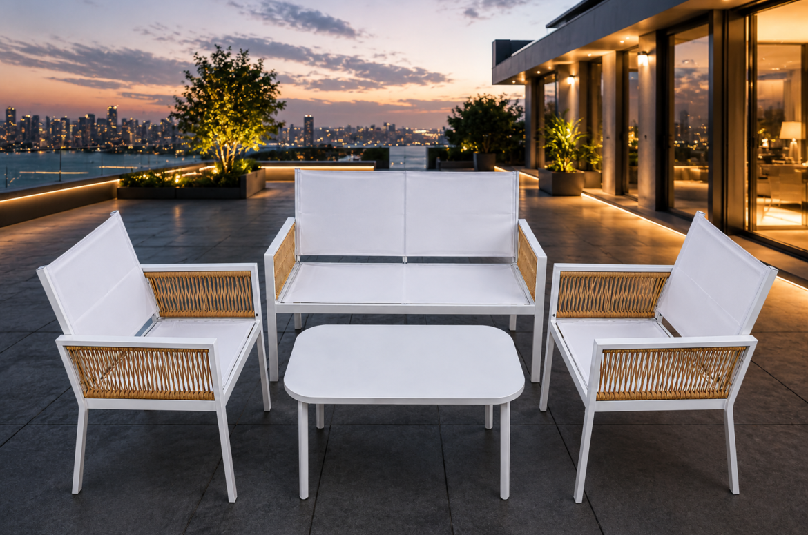 DOON modern white aluminum rattan patio furniture 4pcs conversation set on city rooftop terrace at sunset, outdoor balcony lounge sofa with coffee table