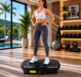 Woman using DOON vibration plate exercise machine for full-body workout in a luxury home gym. Compact vibration platform for home fitness, improving muscle activation and circulation.