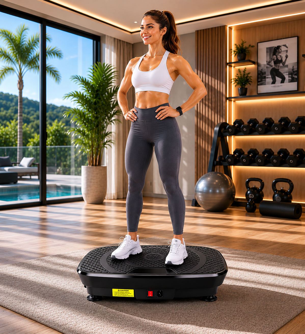 Woman using DOON vibration plate exercise machine for full-body workout in a luxury home gym. Compact vibration platform for home fitness, improving muscle activation and circulation.