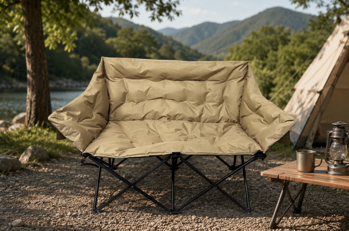 DOON foldable camping double chair, beige padded portable loveseat for outdoor trips and camping