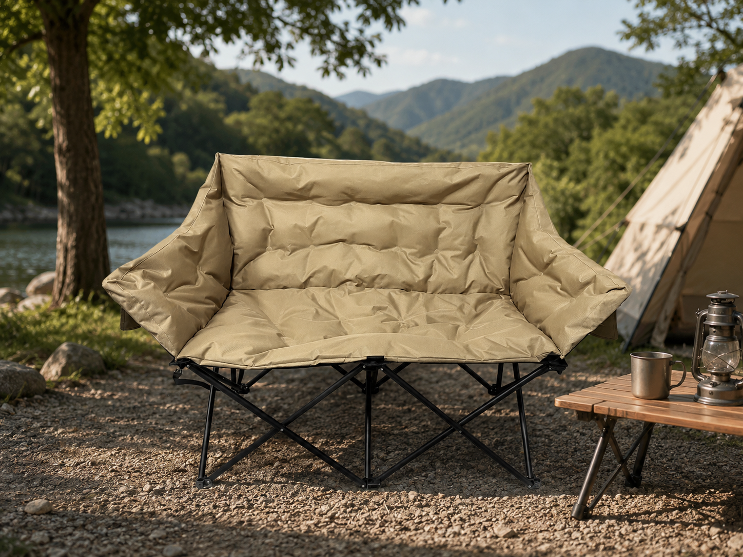 DOON foldable camping double chair, beige padded portable loveseat for outdoor trips and camping