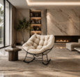 luxury cream upholstered rocking chair with black metal frame, modern home furniture for living room relaxation