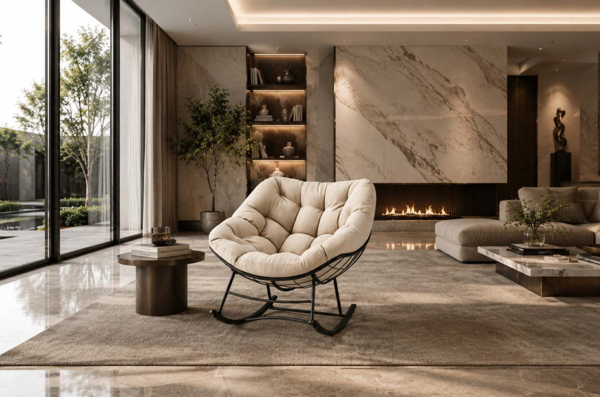 luxury cream upholstered rocking chair with black metal frame, modern home furniture for living room relaxation