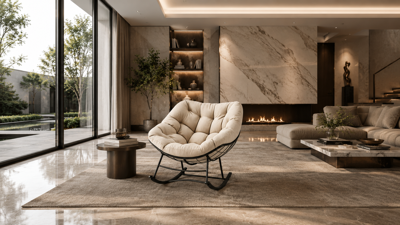 luxury cream upholstered rocking chair with black metal frame, modern home furniture for living room relaxation