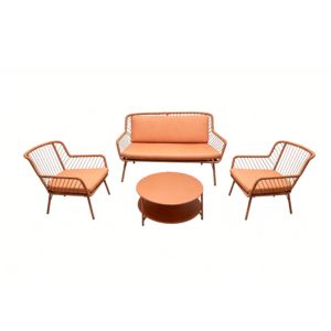Terracotta 4-piece outdoor patio conversation set constructed with rust-proof aluminum alloy frame and hand woven rope, including 2-seater loveseat, two single armchairs and double-layer round coffee table, fitted with waterproof outdoor cushions for garden, backyard and poolside
