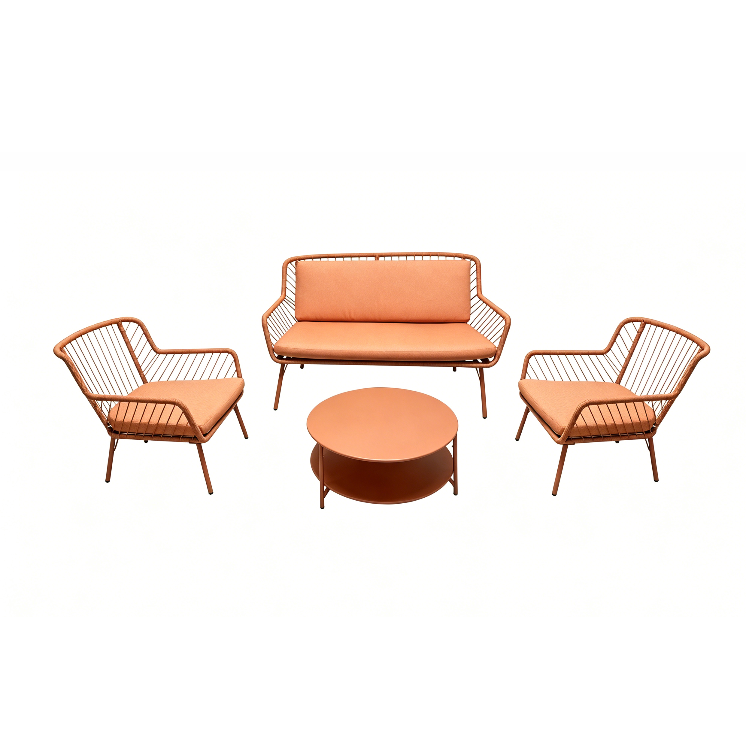 Terracotta 4-piece outdoor patio conversation set constructed with rust-proof aluminum alloy frame and hand woven rope, including 2-seater loveseat, two single armchairs and double-layer round coffee table, fitted with waterproof outdoor cushions for garden, backyard and poolside
