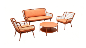 Terracotta 4-piece outdoor patio conversation set with rust-proof aluminum alloy frame and hand woven rope, includes loveseat, two single armchairs and round double-layer coffee table, fitted with waterproof outdoor cushions for garden, backyard and poolside