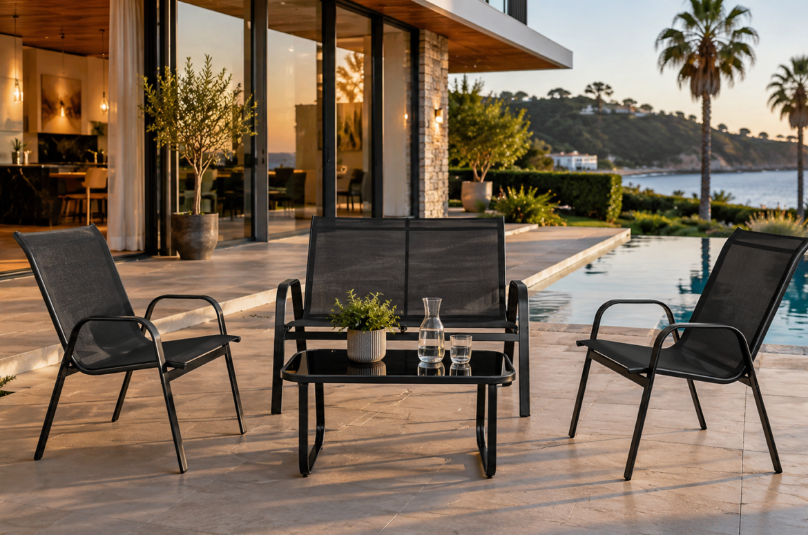 Black metal mesh 4-piece patio furniture set from DOON, weatherproof outdoor conversation set for backyard and poolside