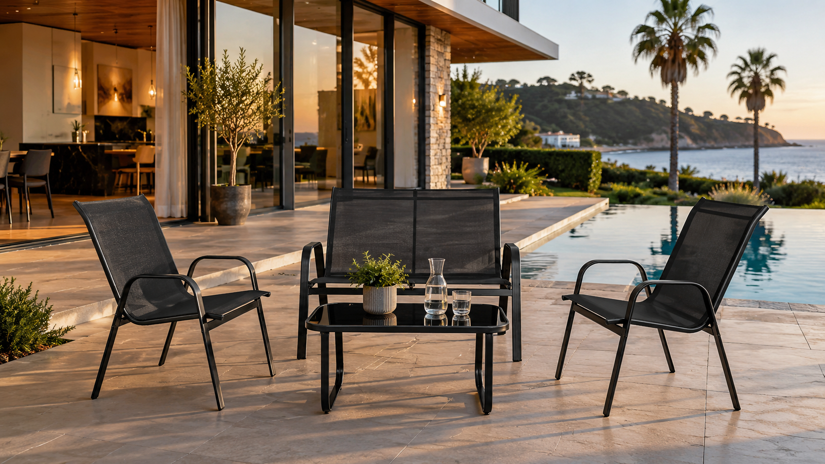 Black metal mesh 4-piece patio furniture set from DOON, weatherproof outdoor conversation set for backyard and poolside