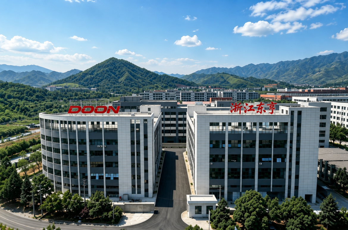 Aerial view of Zhejiang Doon Technology factory headquarters, manufacturer of outdoor furniture, folding chairs, home fitness equipment and medical rehabilitation devices