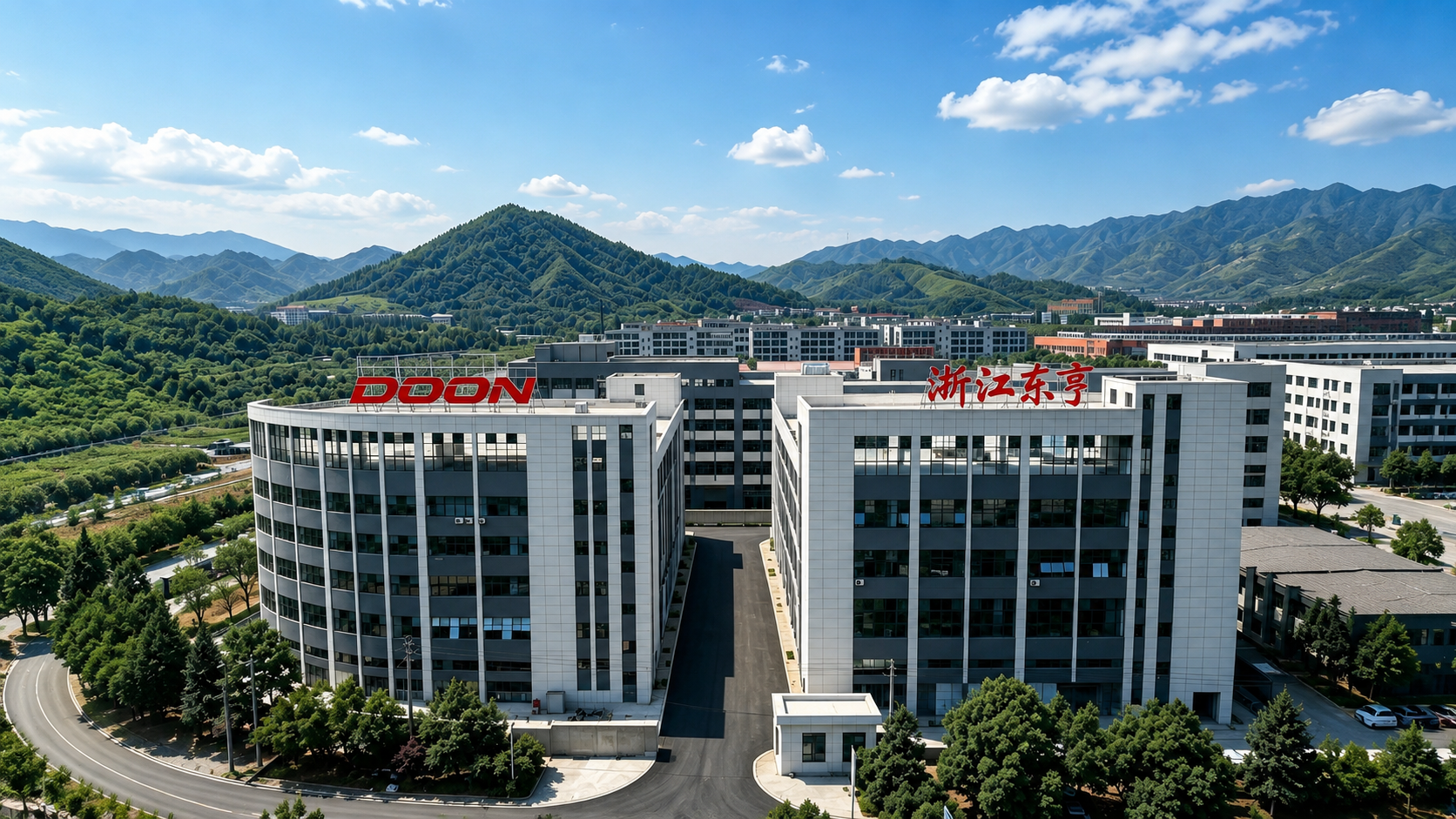 Aerial view of Zhejiang Doon Technology factory headquarters, manufacturer of outdoor furniture, folding chairs, home fitness equipment and medical rehabilitation devices