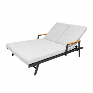 Adjustable double outdoor chaise lounge daybed with light grey cushions and wooden armrest, perspective angle view